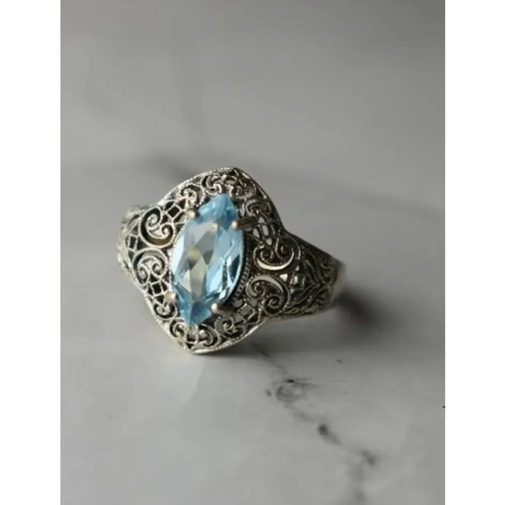 925 Sterling Silver Blue Spinel Openwork Ring Size 8.5
